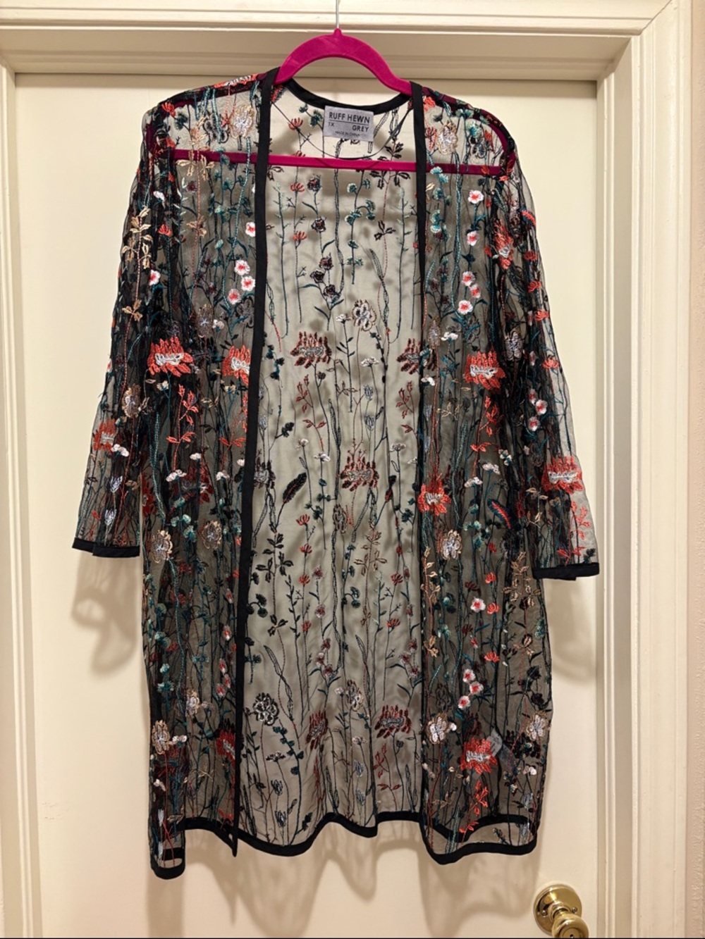 Ruff Hewn Black Sheer Floral Embroidered Kimono